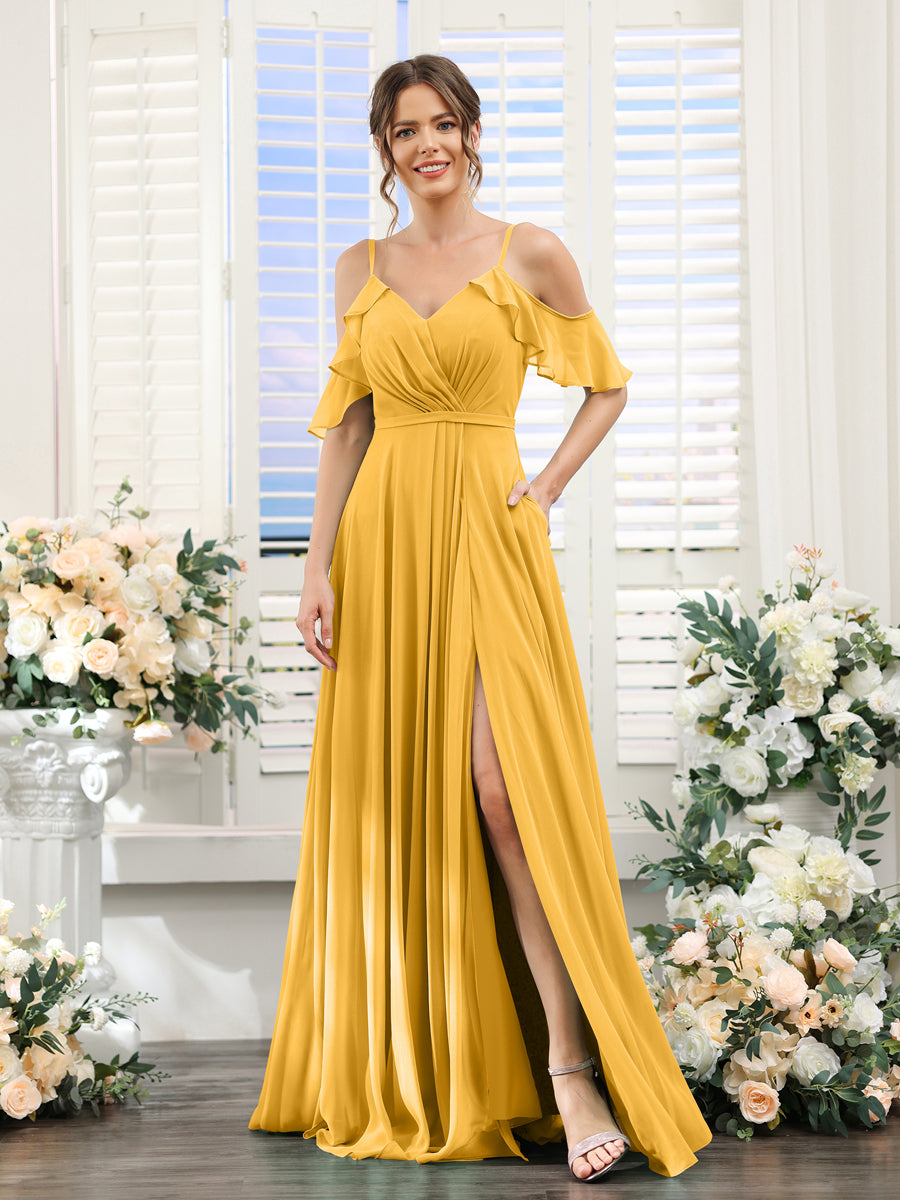 A-Line V-Neck Spaghetti Straps Short Sleeves Split Side Chiffon Bridesmaid Dresses Mustard Yellow