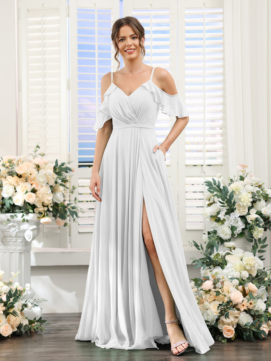 A-Line V-Neck Spaghetti Straps Short Sleeves Split Side Chiffon Bridesmaid Dresses Off White