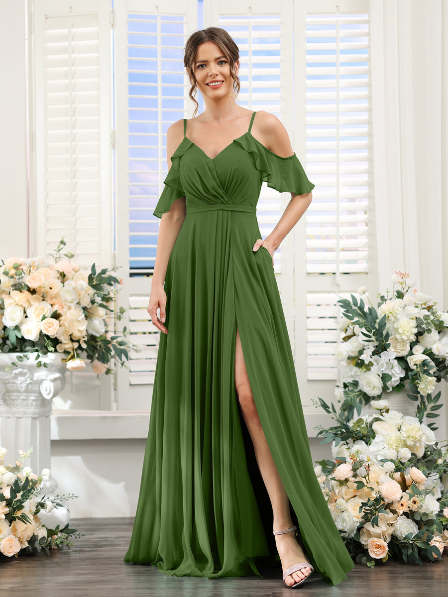 A-Line V-Neck Spaghetti Straps Short Sleeves Split Side Chiffon Bridesmaid Dresses Olive Green