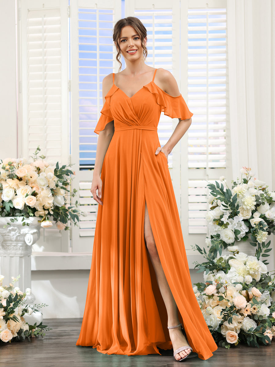 A-Line V-Neck Spaghetti Straps Short Sleeves Split Side Chiffon Bridesmaid Dresses Orange