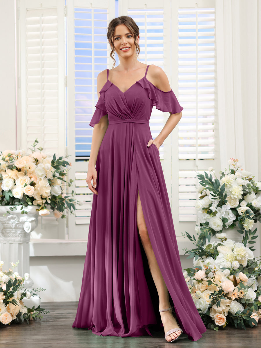 A-Line V-Neck Spaghetti Straps Short Sleeves Split Side Chiffon Bridesmaid Dresses Orchid