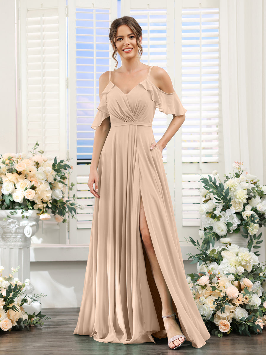 A-Line V-Neck Spaghetti Straps Short Sleeves Split Side Chiffon Bridesmaid Dresses Peach Pink