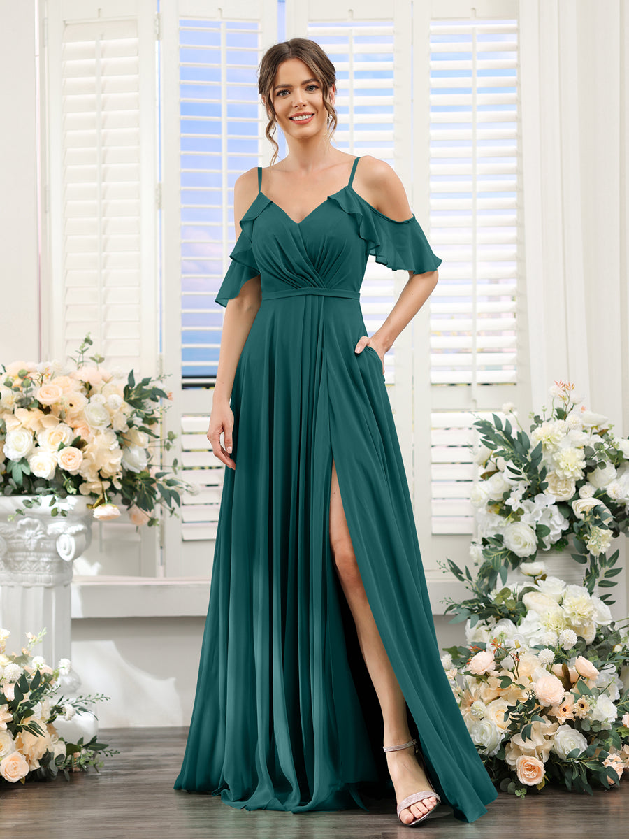 A-Line V-Neck Spaghetti Straps Short Sleeves Split Side Chiffon Bridesmaid Dresses Peacock