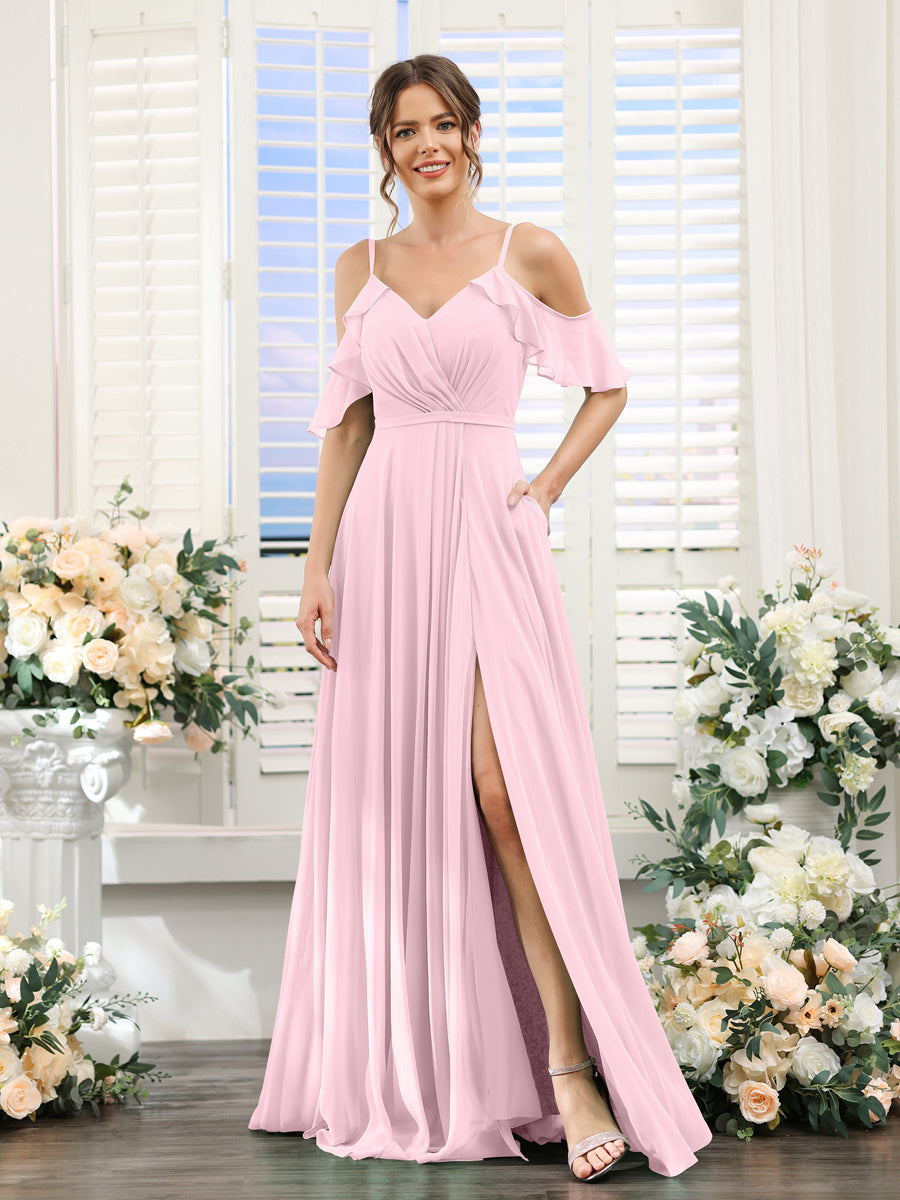 A-Line V-Neck Spaghetti Straps Short Sleeves Split Side Chiffon Bridesmaid Dresses Pink