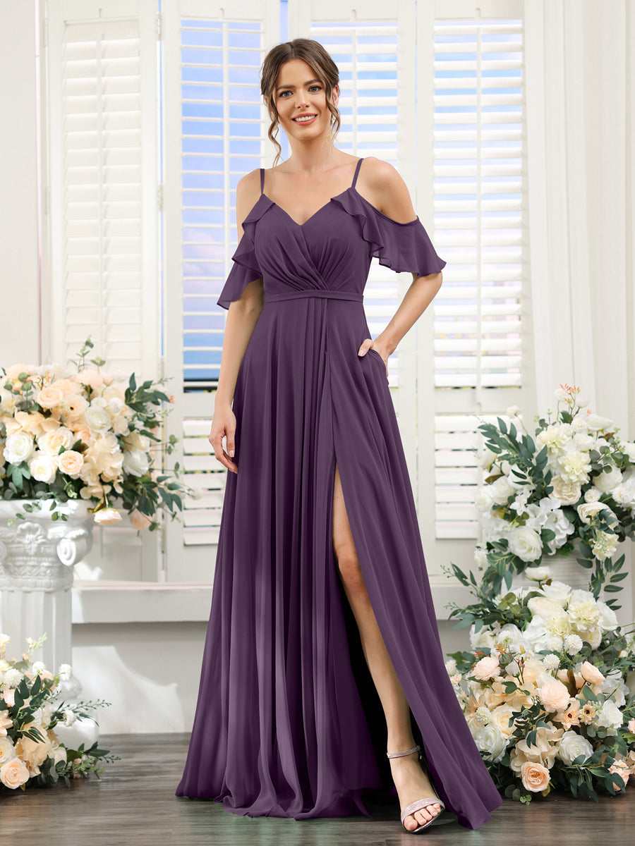 A-Line V-Neck Spaghetti Straps Short Sleeves Split Side Chiffon Bridesmaid Dresses Plum