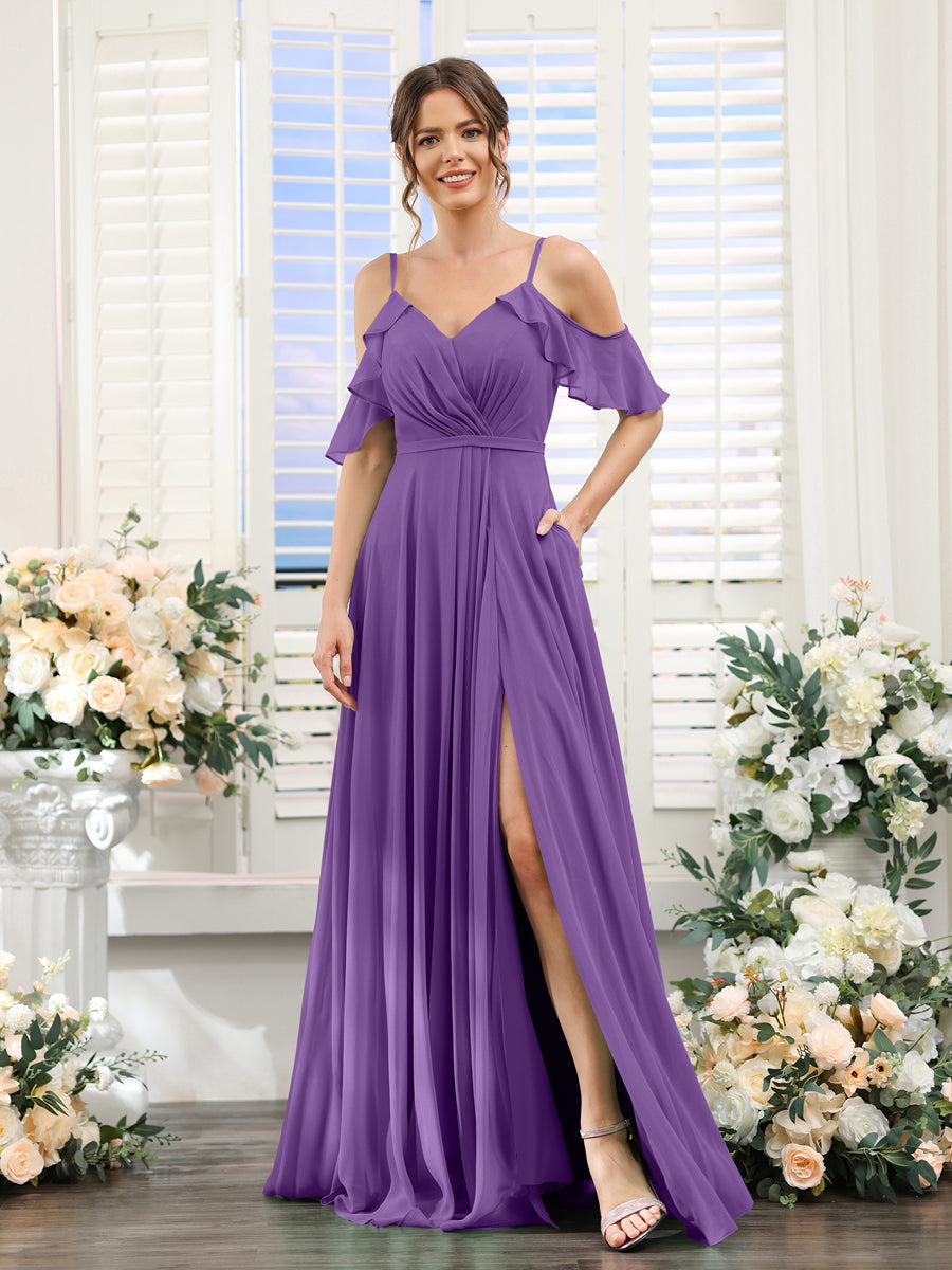A-Line V-Neck Spaghetti Straps Short Sleeves Split Side Chiffon Bridesmaid Dresses Purple