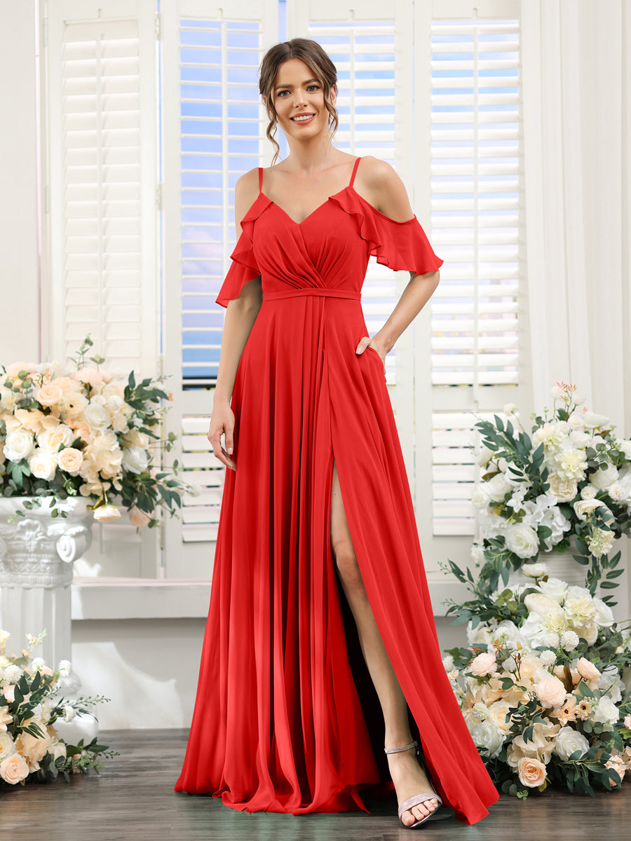 A-Line V-Neck Spaghetti Straps Short Sleeves Split Side Chiffon Bridesmaid Dresses Red