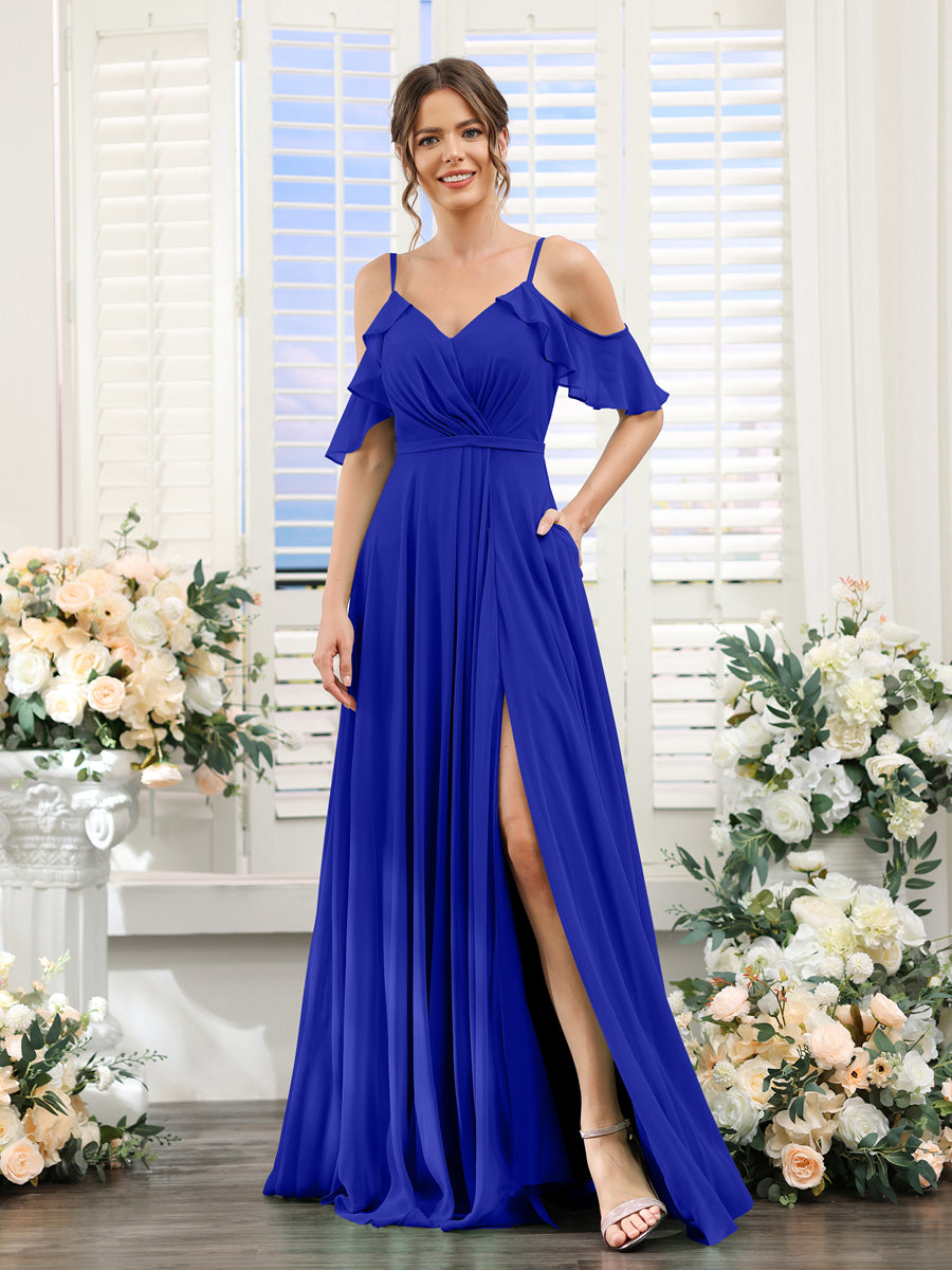 A-Line V-Neck Spaghetti Straps Short Sleeves Split Side Chiffon Bridesmaid Dresses Royal Blue