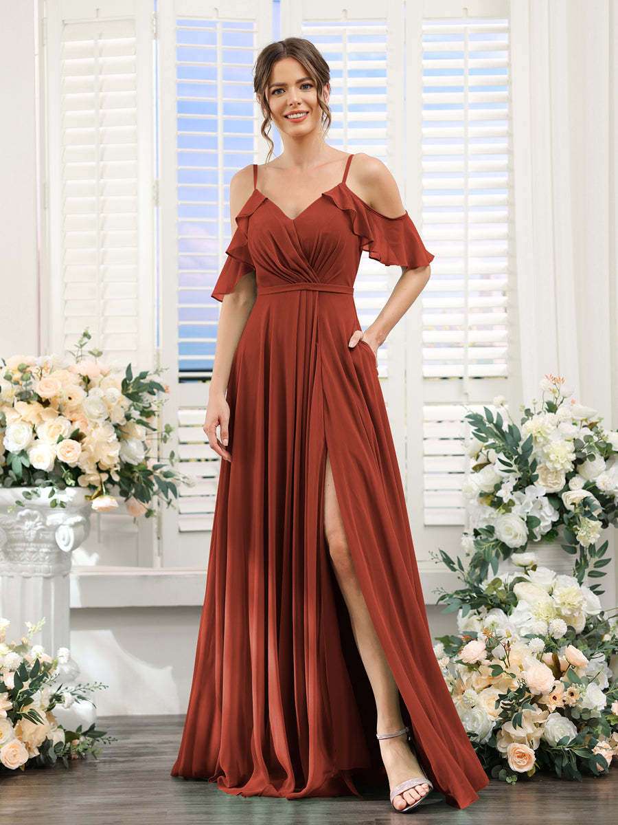 A-Line V-Neck Spaghetti Straps Short Sleeves Split Side Chiffon Bridesmaid Dresses Rust