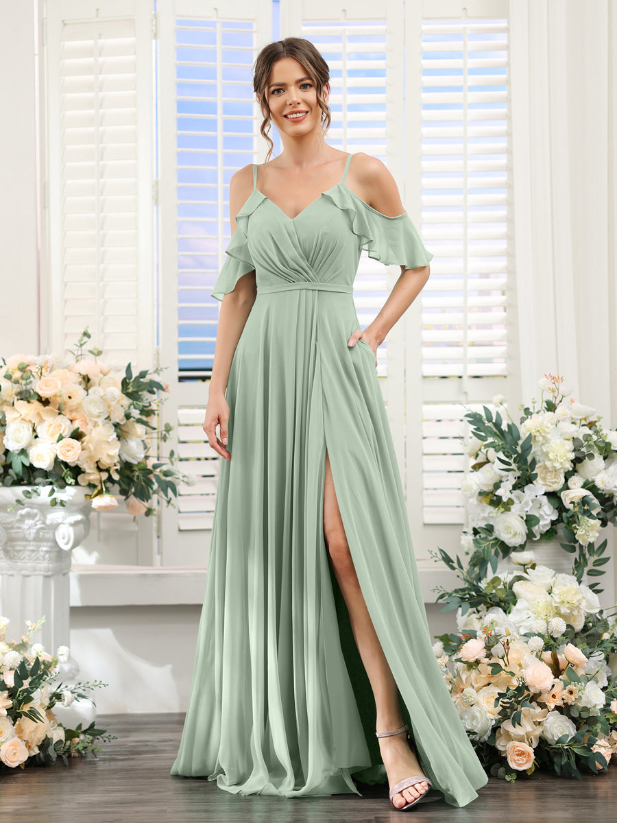 A-Line V-Neck Spaghetti Straps Short Sleeves Split Side Chiffon Bridesmaid Dresses Sage