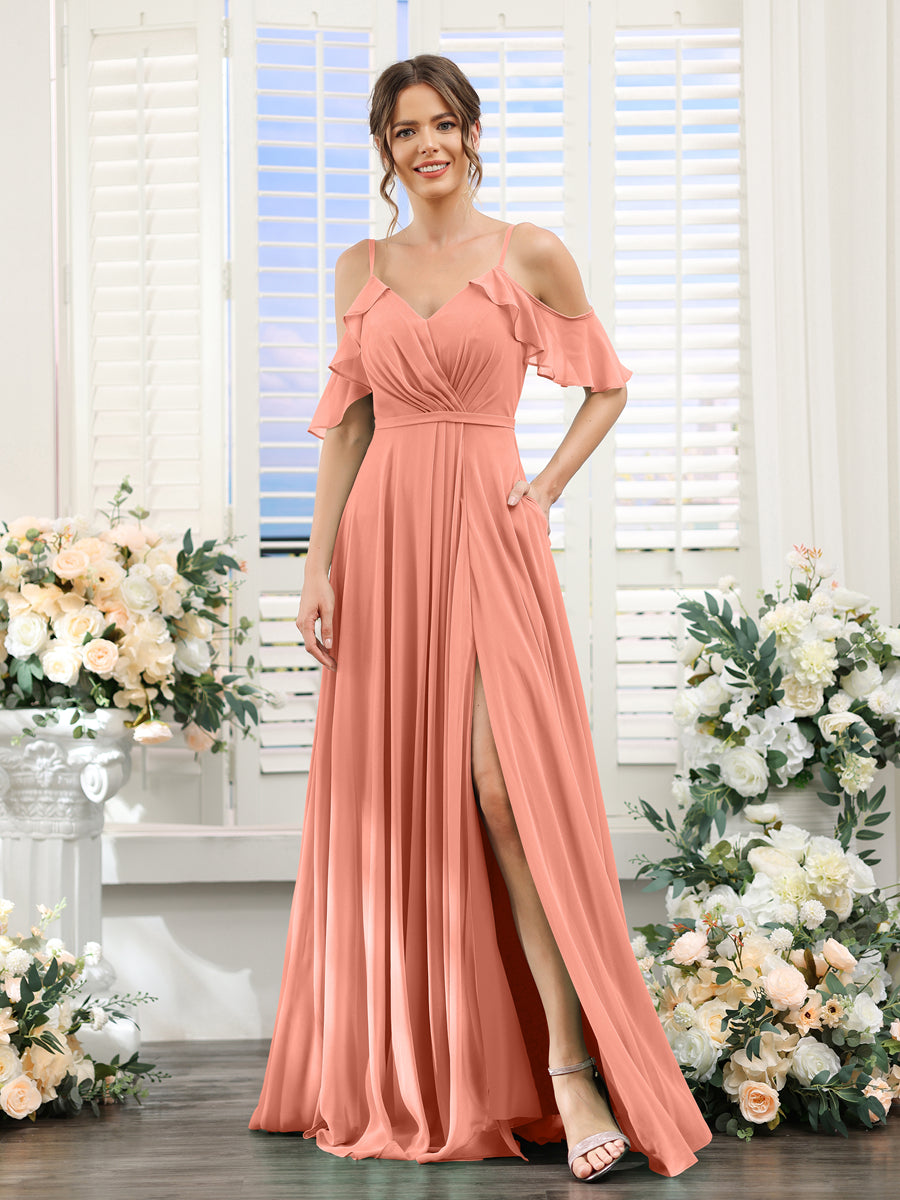 A-Line V-Neck Spaghetti Straps Short Sleeves Split Side Chiffon Bridesmaid Dresses Salmon