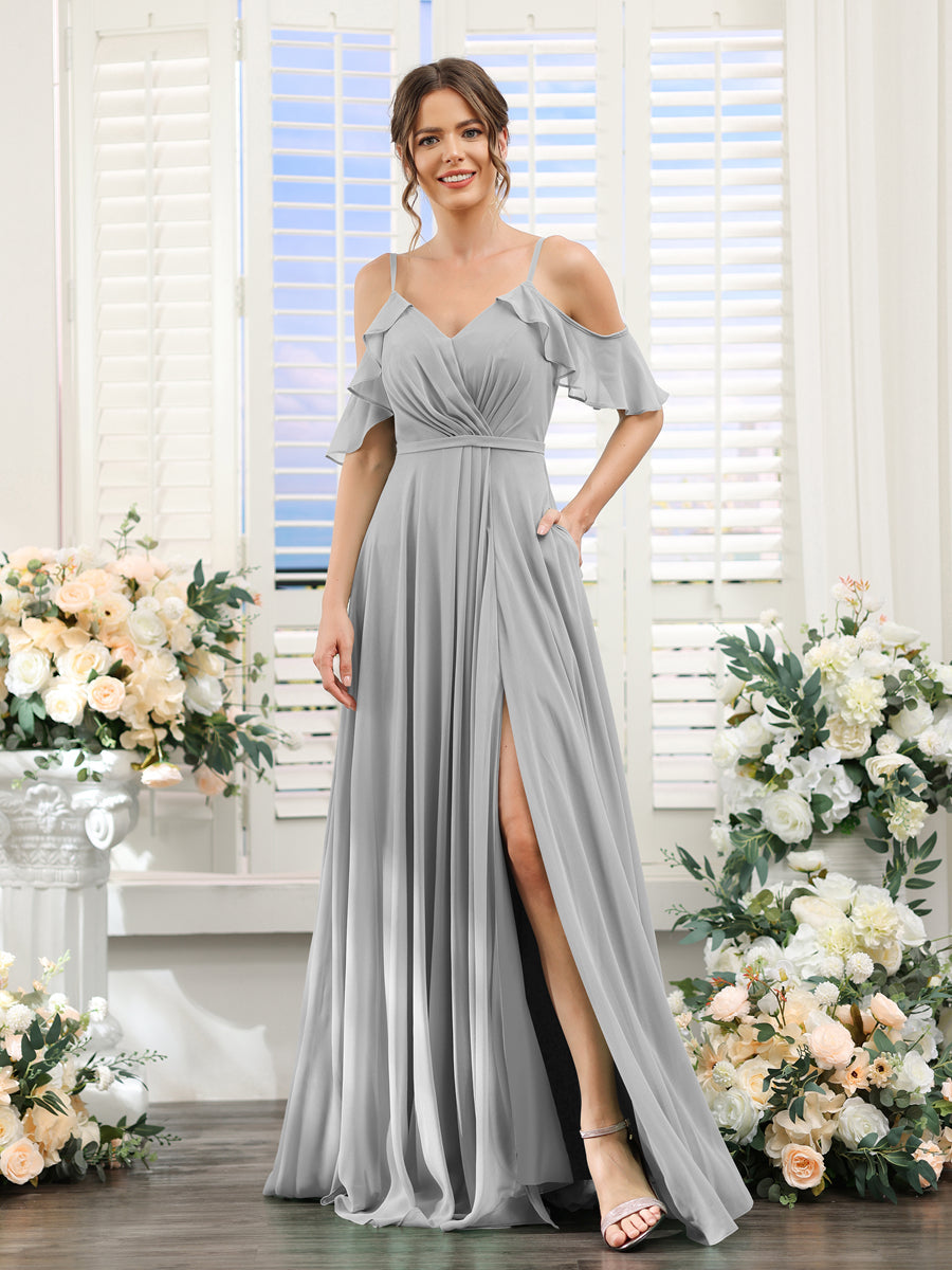 A-Line V-Neck Spaghetti Straps Short Sleeves Split Side Chiffon Bridesmaid Dresses Silver