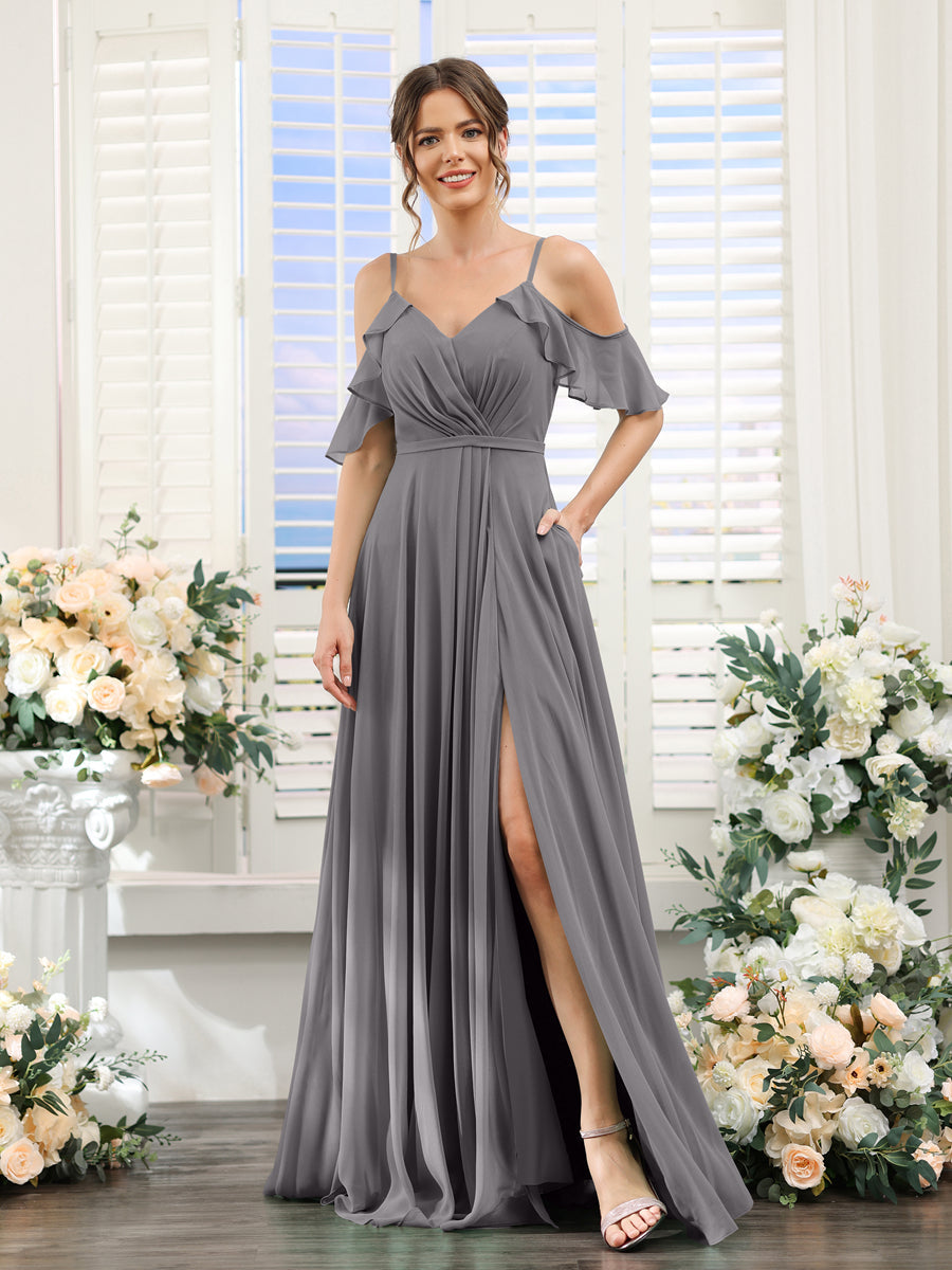 A-Line V-Neck Spaghetti Straps Short Sleeves Split Side Chiffon Bridesmaid Dresses Silver Gray