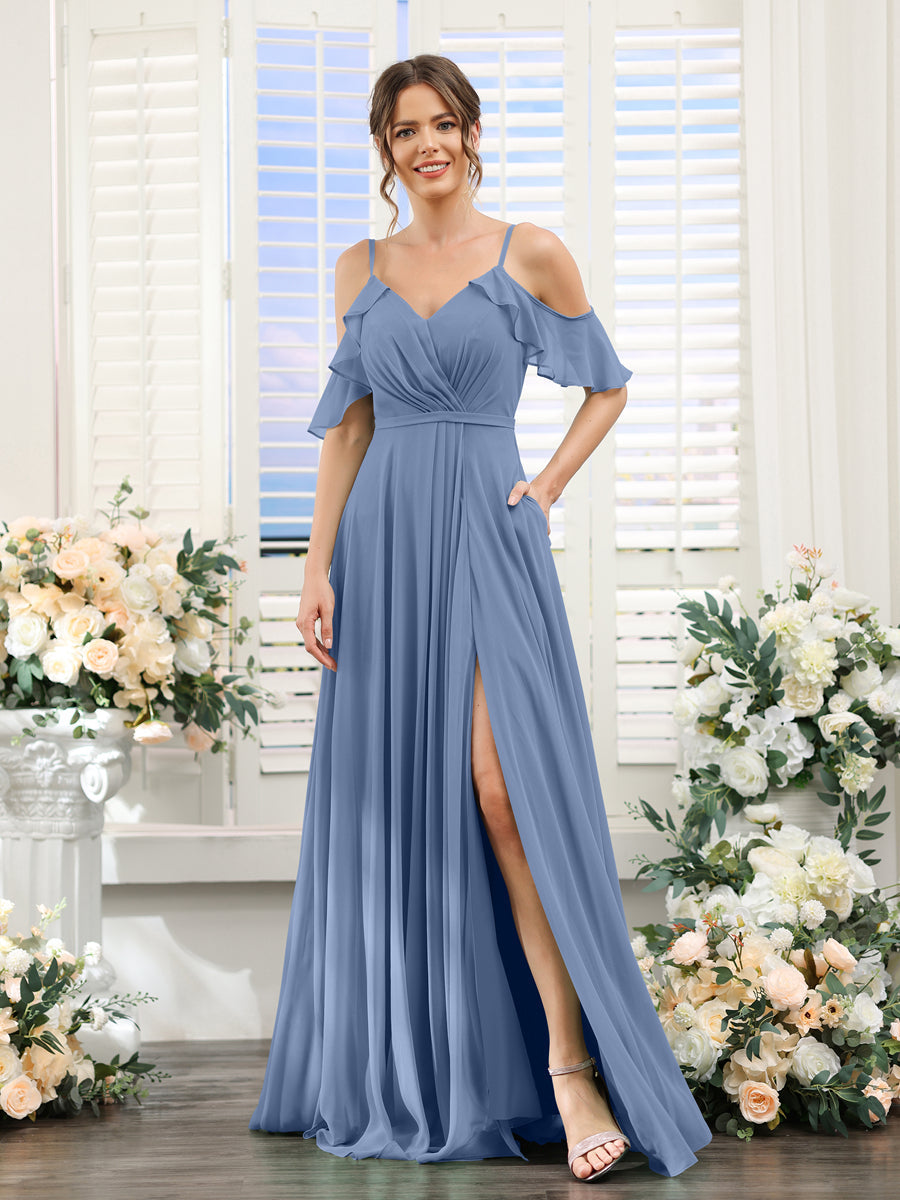 A-Line V-Neck Spaghetti Straps Short Sleeves Split Side Chiffon Bridesmaid Dresses Steel Blue