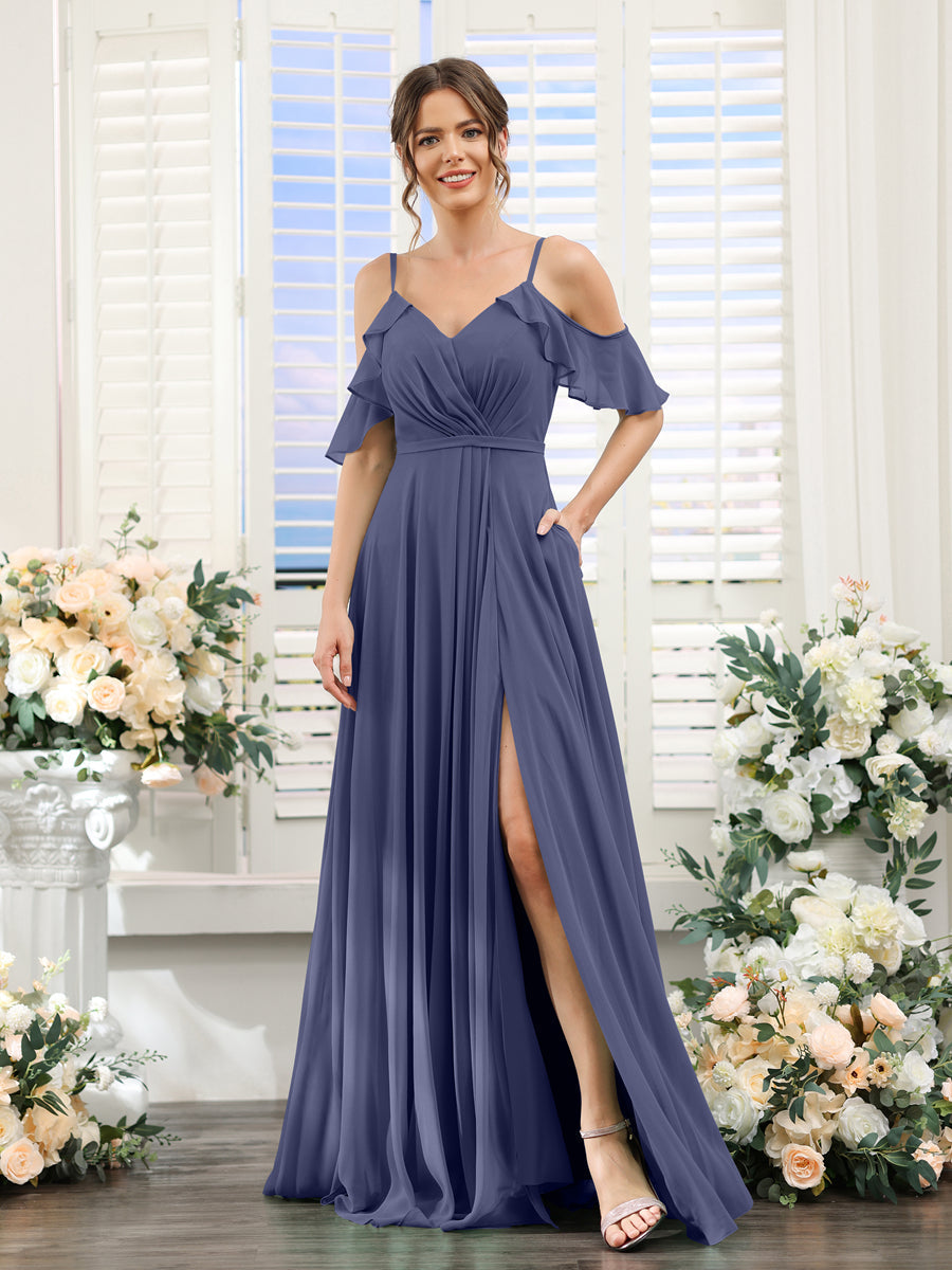 A-Line V-Neck Spaghetti Straps Short Sleeves Split Side Chiffon Bridesmaid Dresses Stormy Blue