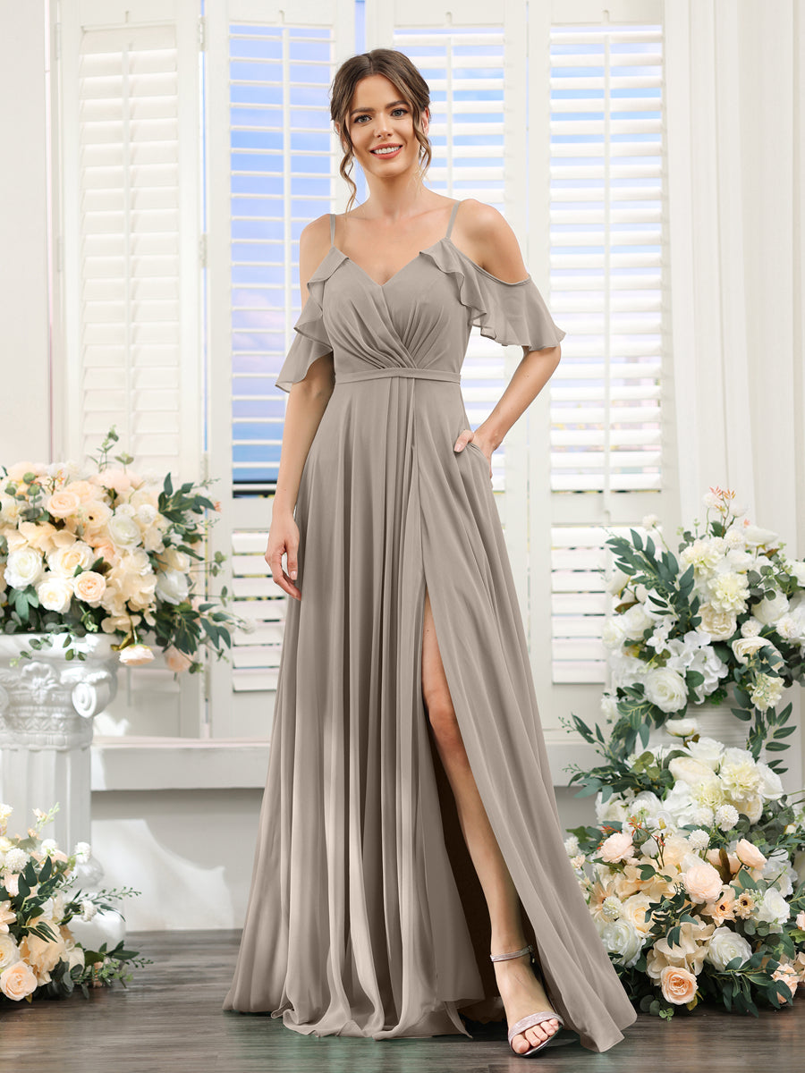 A-Line V-Neck Spaghetti Straps Short Sleeves Split Side Chiffon Bridesmaid Dresses Taupe