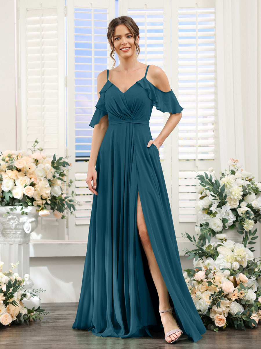 A-Line V-Neck Spaghetti Straps Short Sleeves Split Side Chiffon Bridesmaid Dresses Teal