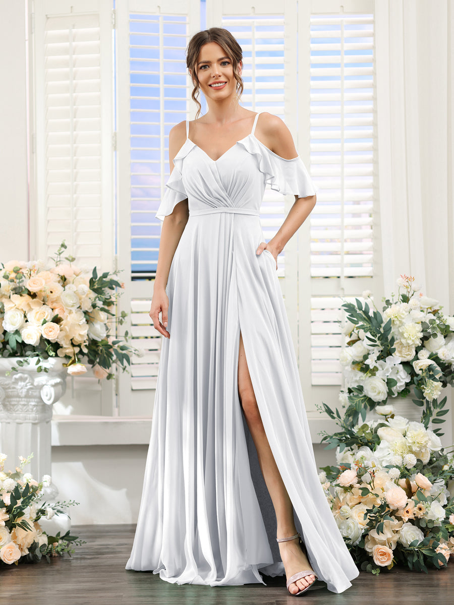 A-Line V-Neck Spaghetti Straps Short Sleeves Split Side Chiffon Bridesmaid Dresses White