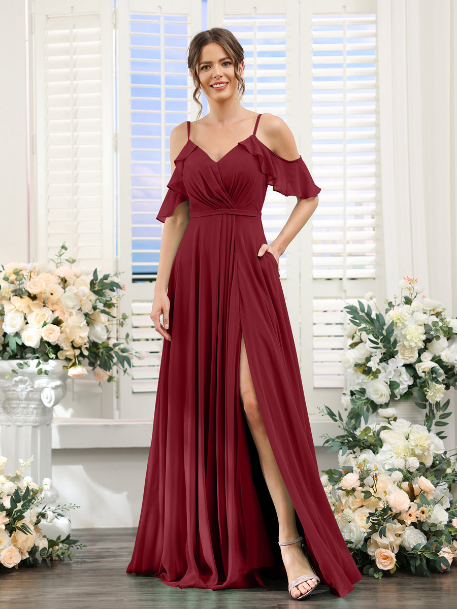 A-Line V-Neck Spaghetti Straps Short Sleeves Split Side Chiffon Bridesmaid Dresses Wine Red