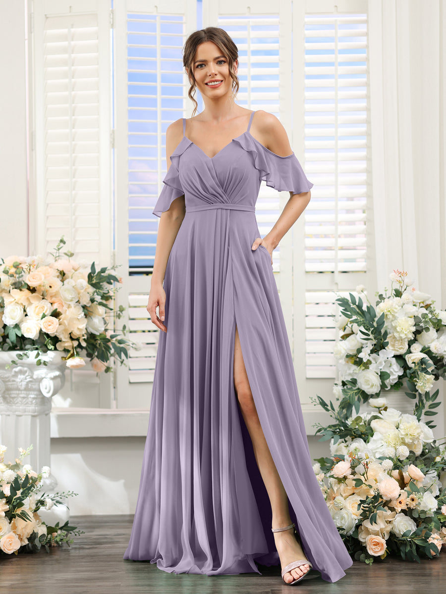 A-Line V-Neck Spaghetti Straps Short Sleeves Split Side Chiffon Bridesmaid Dresses Wisteria