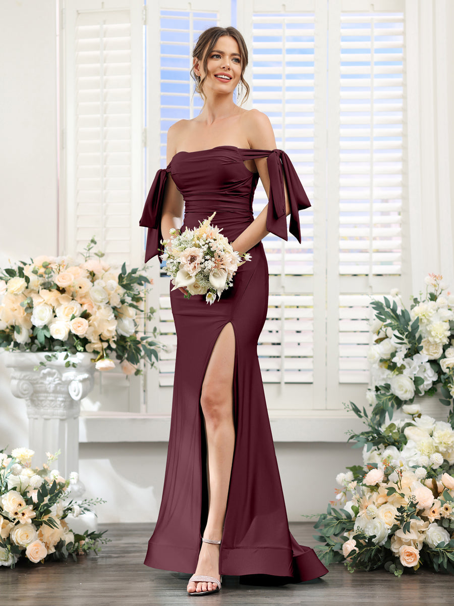 Mermaid Off-the-Shoulder Sleeveless Split Side Silk Satin Bridesmaid Dresses Burgundy