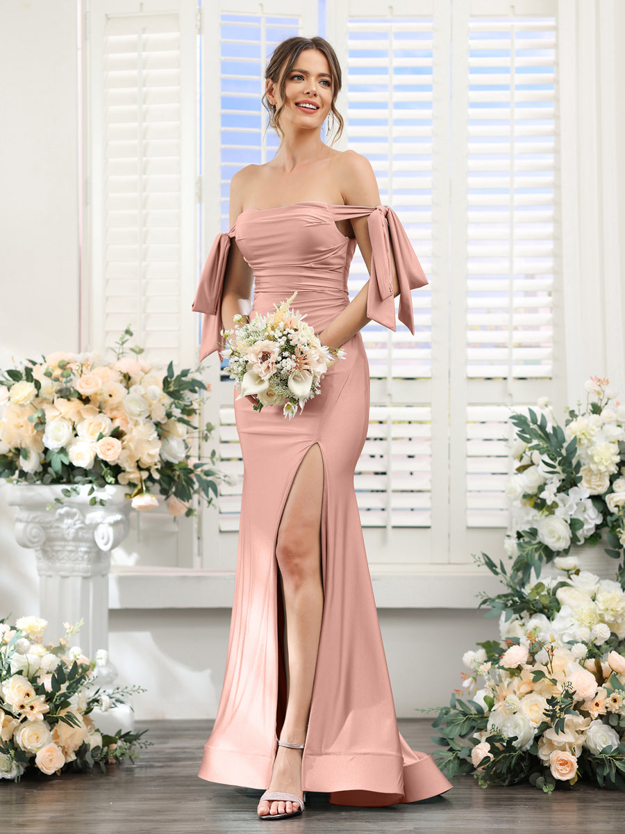 Mermaid Off-the-Shoulder Sleeveless Split Side Silk Satin Bridesmaid Dresses Dusty Rose
