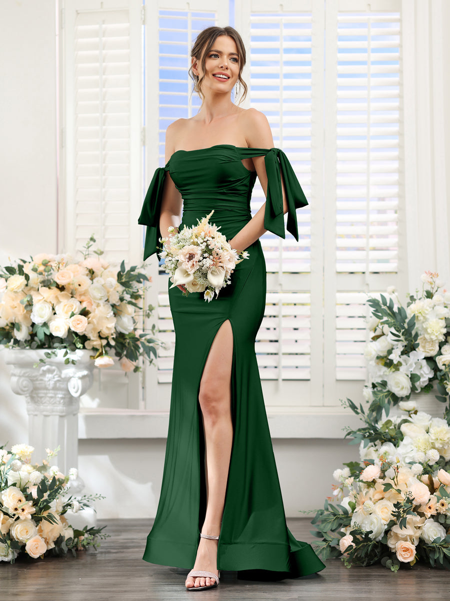 Mermaid Off-the-Shoulder Sleeveless Split Side Silk Satin Bridesmaid Dresses Emerald