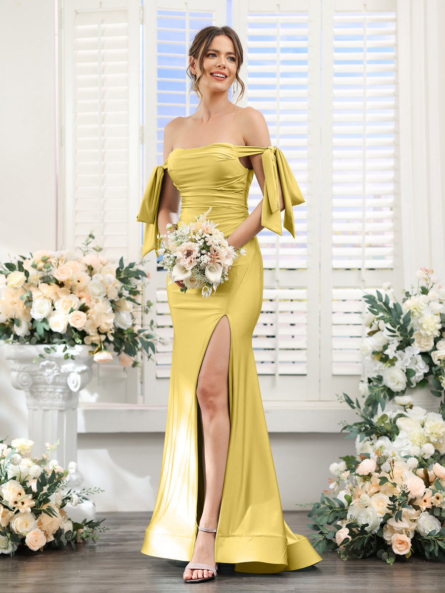 Mermaid Off-the-Shoulder Sleeveless Split Side Silk Satin Bridesmaid Dresses Gold