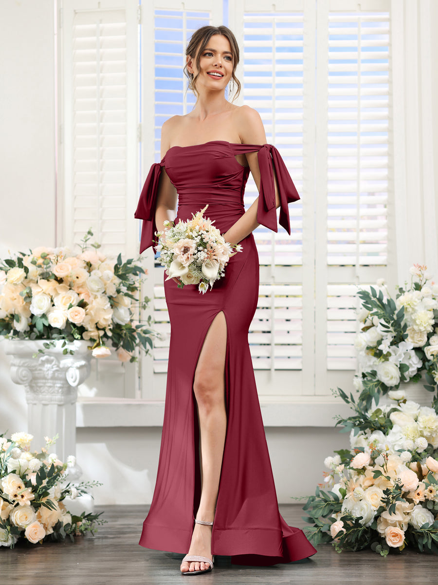 Mermaid Off-the-Shoulder Sleeveless Split Side Silk Satin Bridesmaid Dresses Light Burgundy