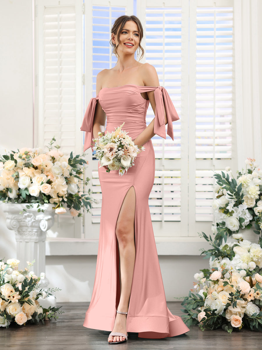 Mermaid Off-the-Shoulder Sleeveless Split Side Silk Satin Bridesmaid Dresses Mauve