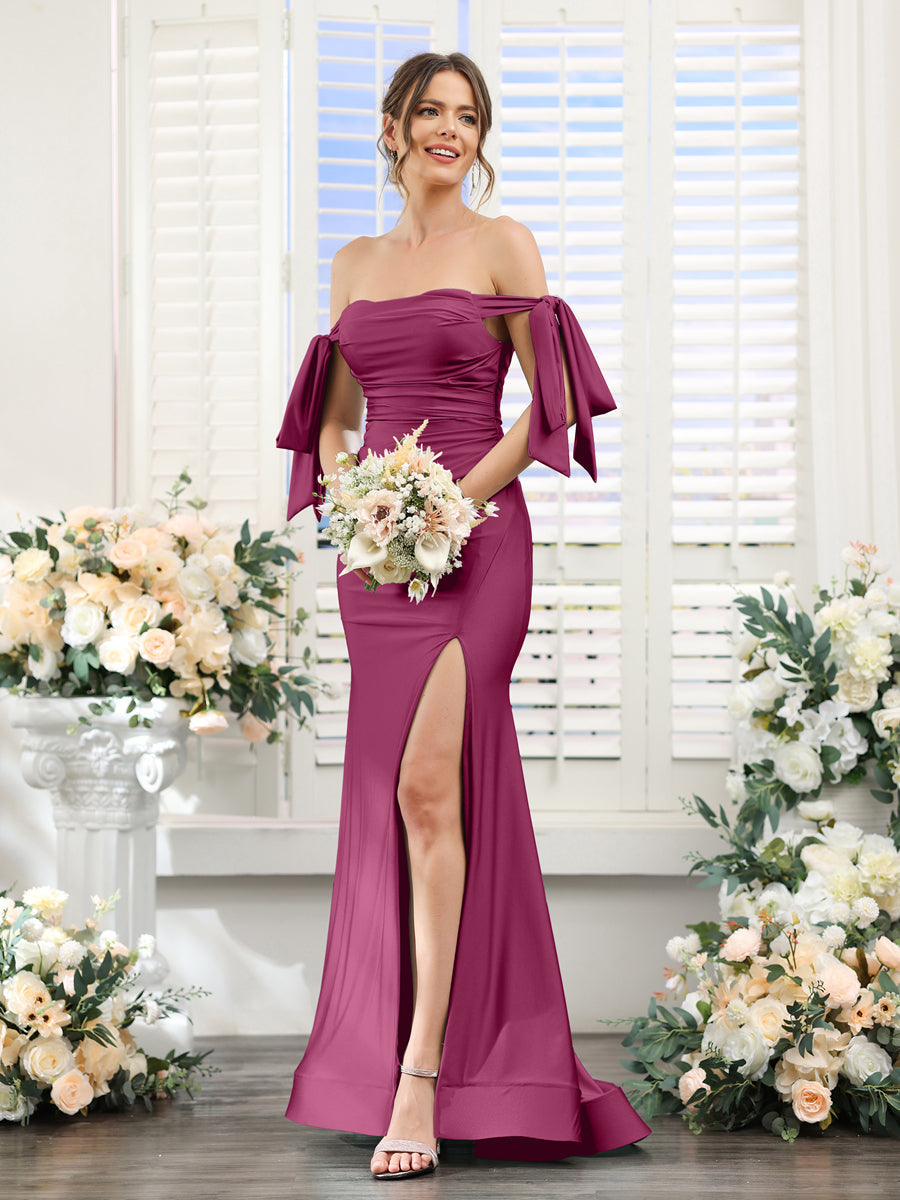 Mermaid Off-the-Shoulder Sleeveless Split Side Silk Satin Bridesmaid Dresses Mulberry