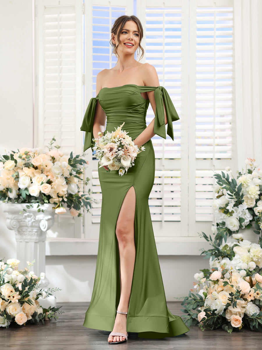 Mermaid Off-the-Shoulder Sleeveless Split Side Silk Satin Bridesmaid Dresses Olive Green