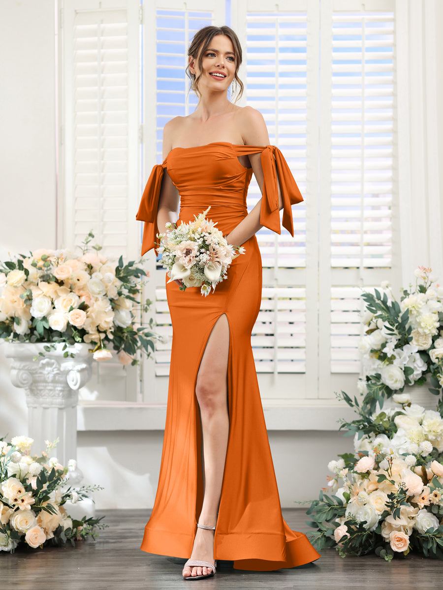 Mermaid Off-the-Shoulder Sleeveless Split Side Silk Satin Bridesmaid Dresses Orange