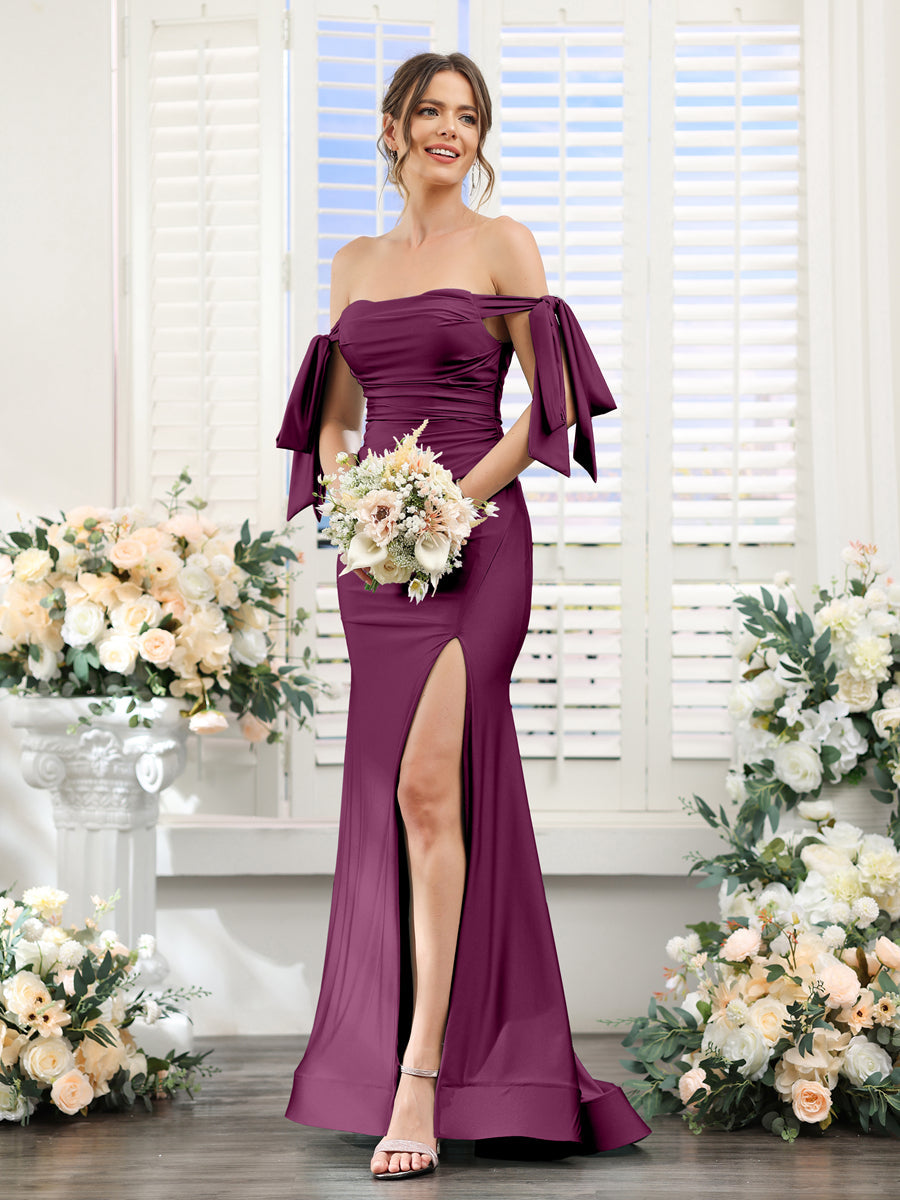 Mermaid Off-the-Shoulder Sleeveless Split Side Silk Satin Bridesmaid Dresses Orchid