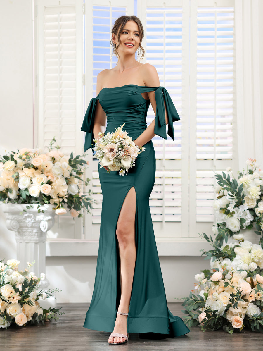 Mermaid Off-the-Shoulder Sleeveless Split Side Silk Satin Bridesmaid Dresses Peacock