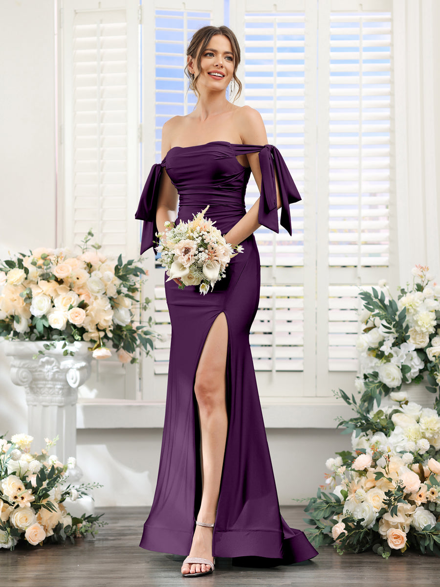 Mermaid Off-the-Shoulder Sleeveless Split Side Silk Satin Bridesmaid Dresses Plum
