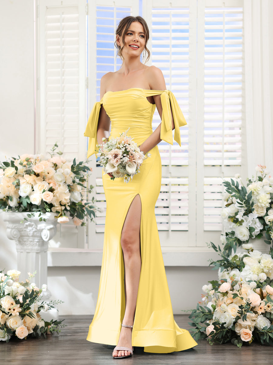 Mermaid Off-the-Shoulder Sleeveless Split Side Silk Satin Bridesmaid Dresses Custom Color