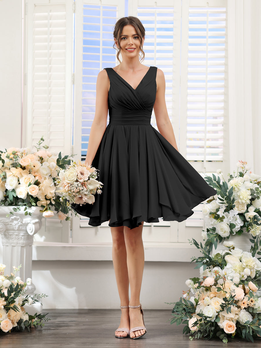 A-Line V-Neck Sleeveless Ruched Chiffon Short Bridesmaid Dresses Black