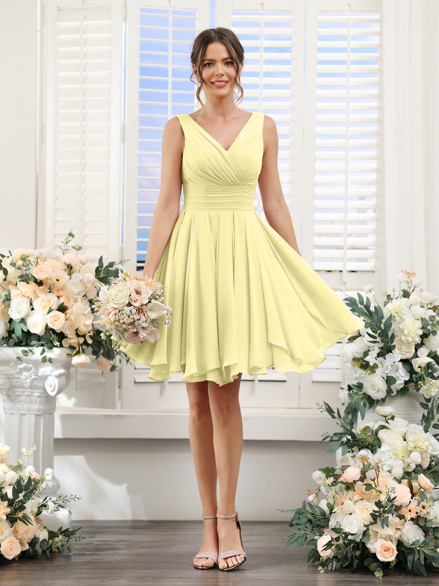 A-Line V-Neck Sleeveless Ruched Chiffon Short Bridesmaid Dresses Canary