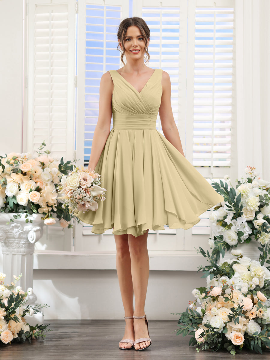 A-Line V-Neck Sleeveless Ruched Chiffon Short Bridesmaid Dresses Champagne