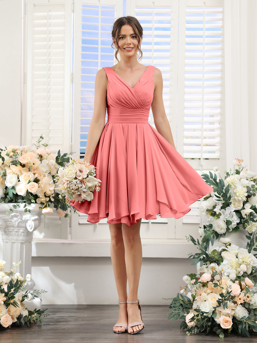 A-Line V-Neck Sleeveless Ruched Chiffon Short Bridesmaid Dresses Coral