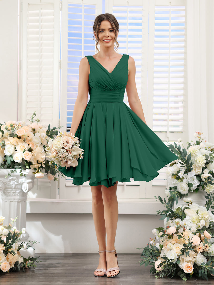 A-Line V-Neck Sleeveless Ruched Chiffon Short Bridesmaid Dresses Dark Green