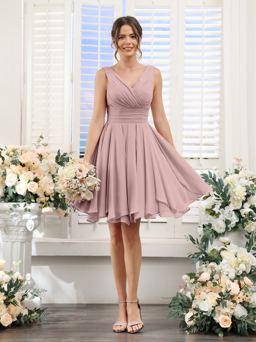 A-Line V-Neck Sleeveless Ruched Chiffon Short Bridesmaid Dresses Dusty Pink