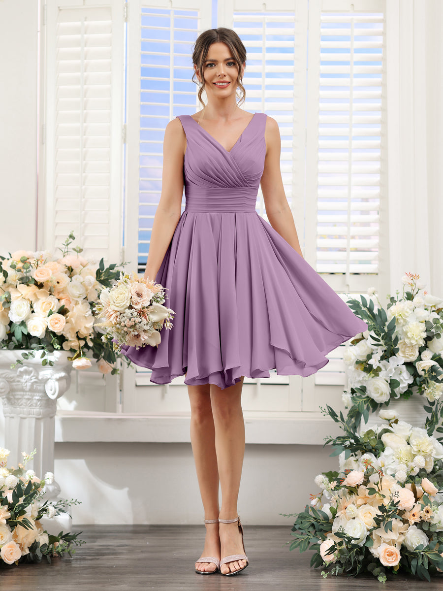 A-Line V-Neck Sleeveless Ruched Chiffon Short Bridesmaid Dresses Dusty Purple