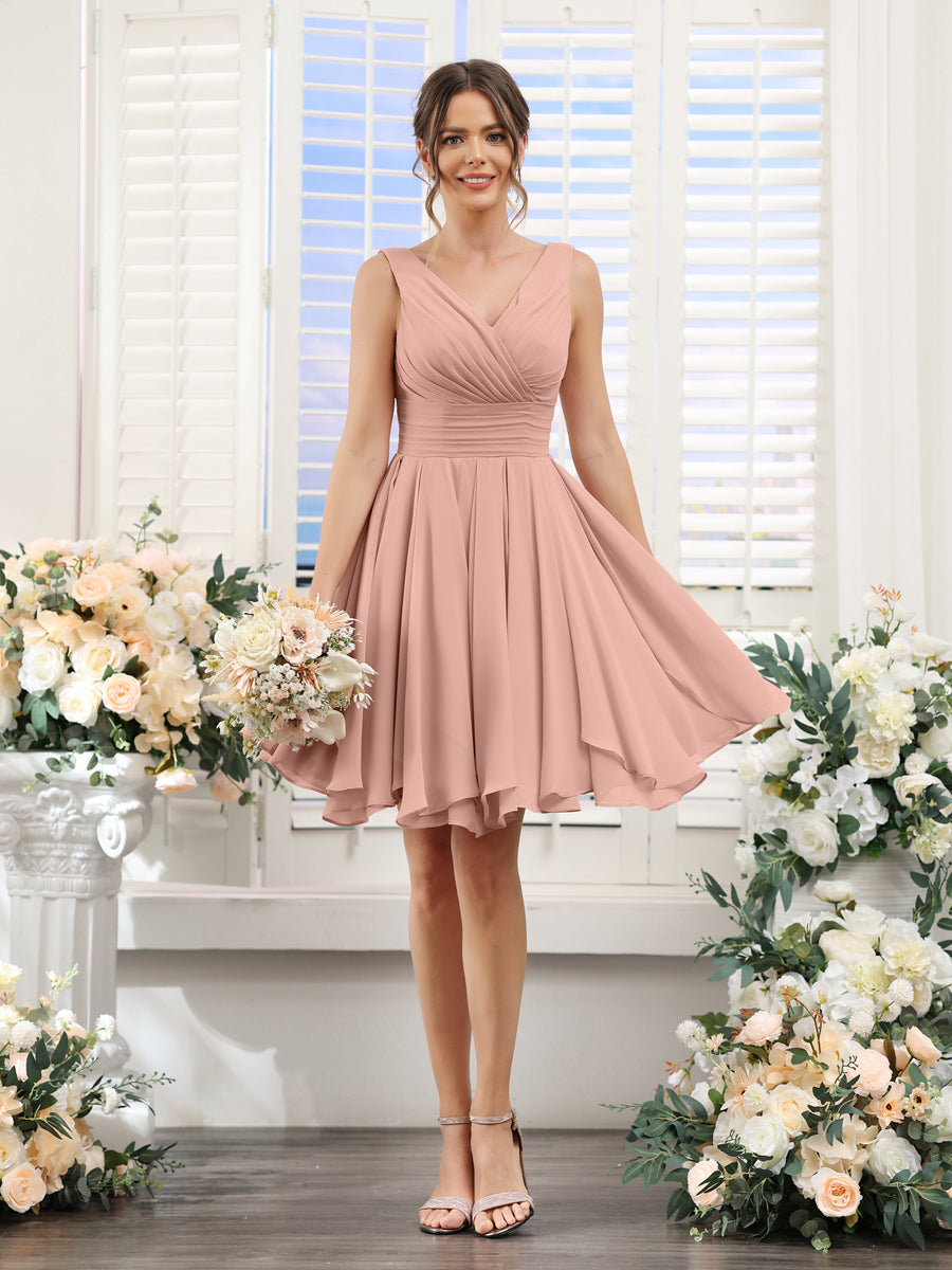A-Line V-Neck Sleeveless Ruched Chiffon Short Bridesmaid Dresses Dusty Rose