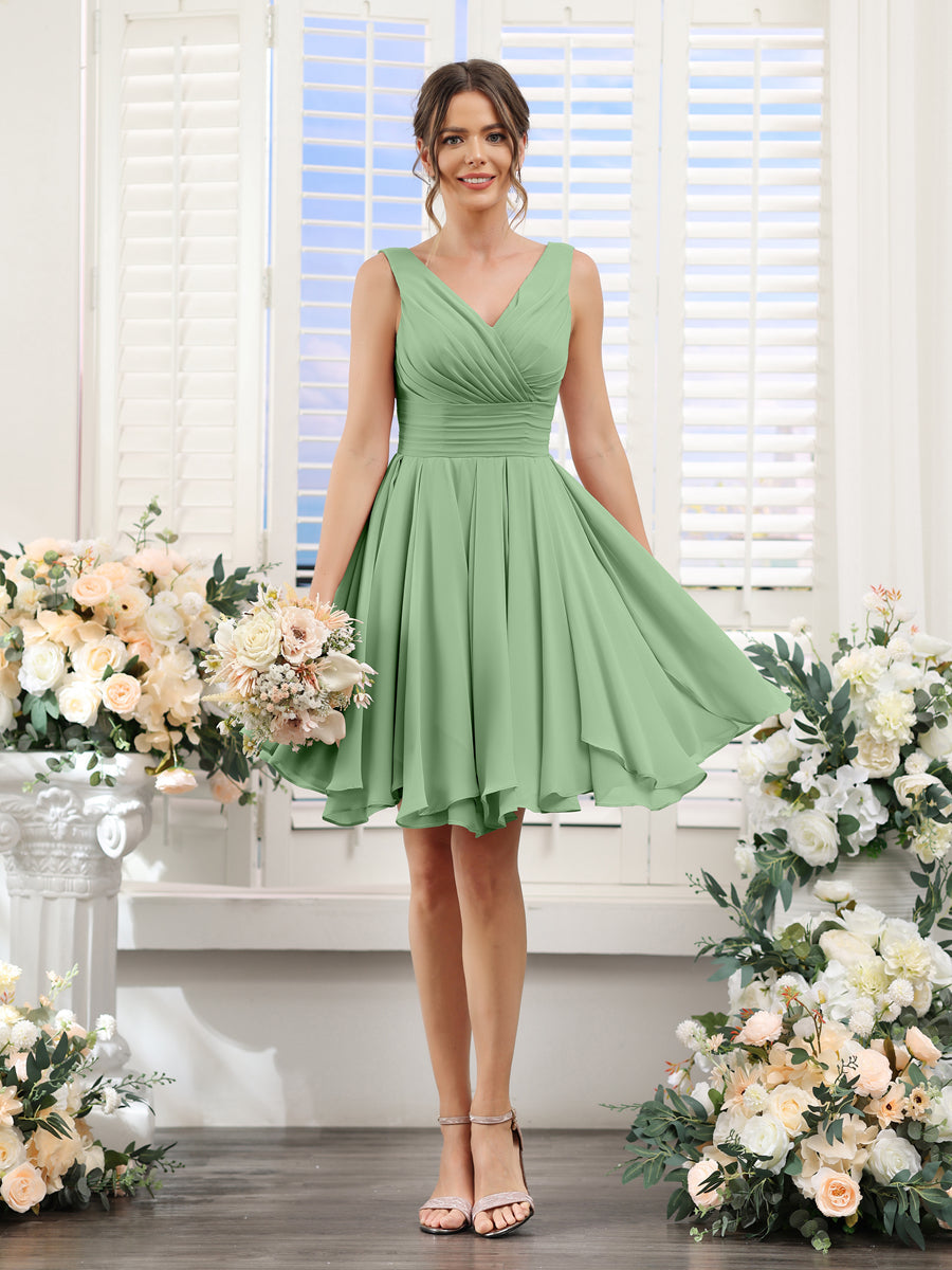 A-Line V-Neck Sleeveless Ruched Chiffon Short Bridesmaid Dresses Dusty Sage