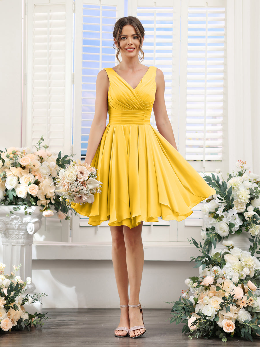 A-Line V-Neck Sleeveless Ruched Chiffon Short Bridesmaid Dresses Gold