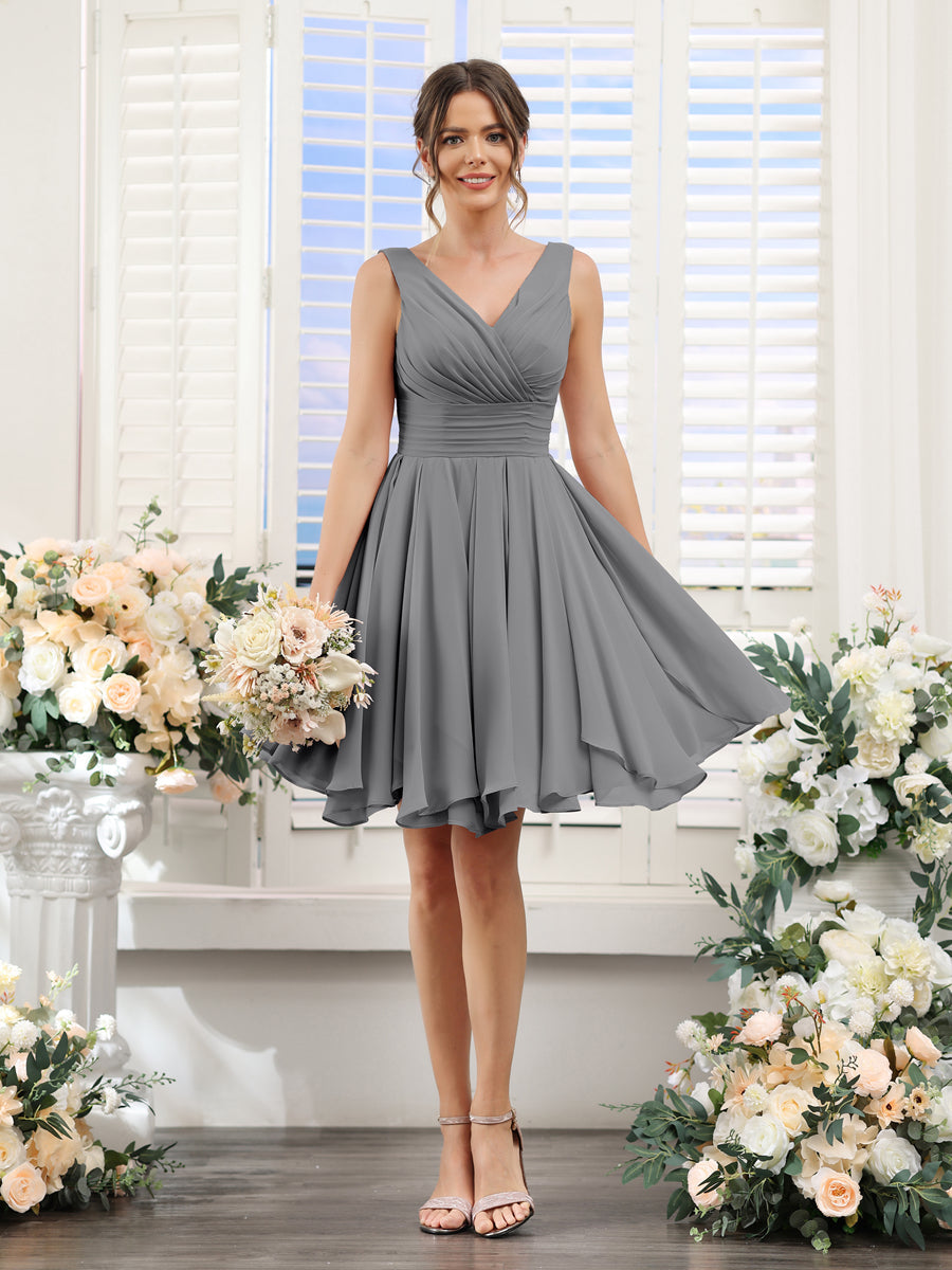 A-Line V-Neck Sleeveless Ruched Chiffon Short Bridesmaid Dresses Gray