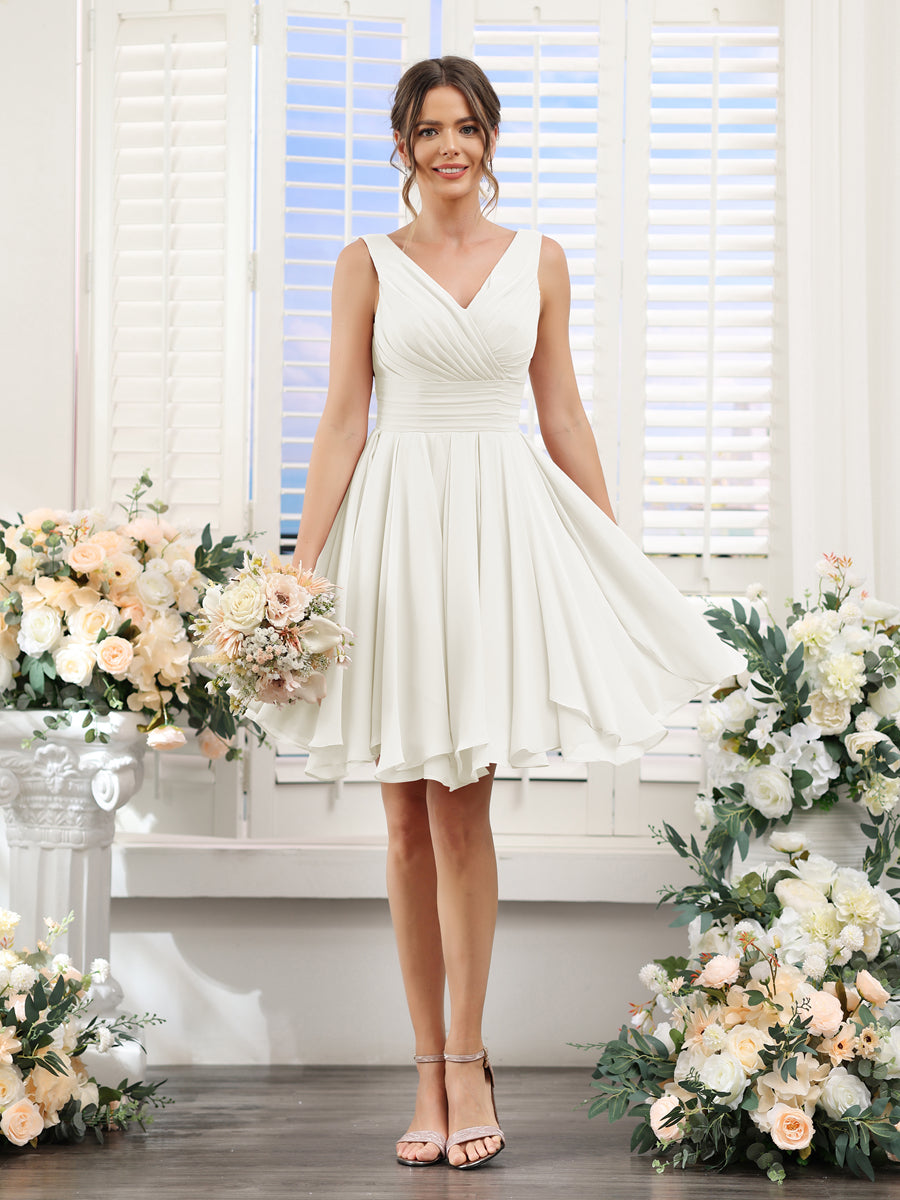 A-Line V-Neck Sleeveless Ruched Chiffon Short Bridesmaid Dresses Ivory
