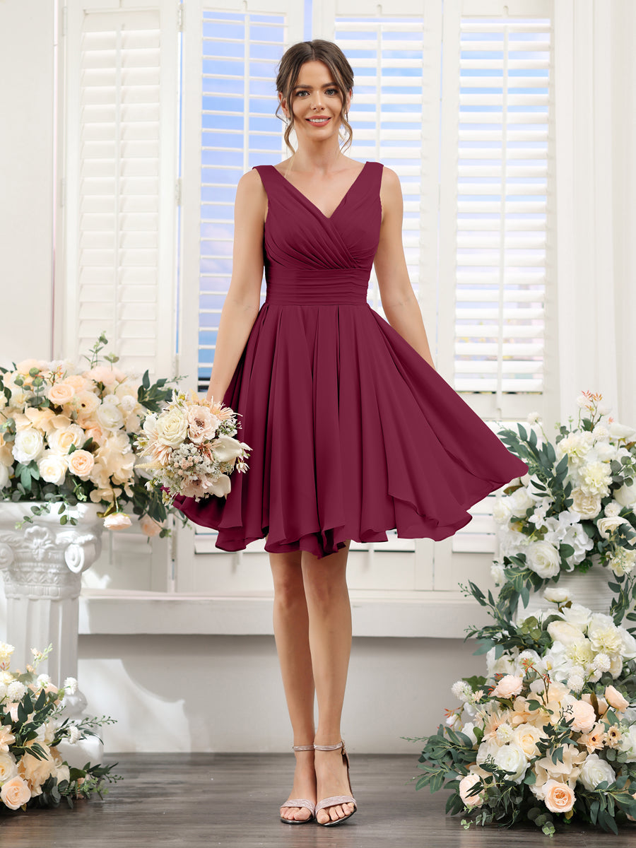 A-Line V-Neck Sleeveless Ruched Chiffon Short Bridesmaid Dresses Light Burgundy
